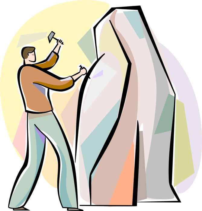 Vector Illustration of Visual Arts Sculptor with Hammer and Chisel Sculpts Statue from Marble Stone