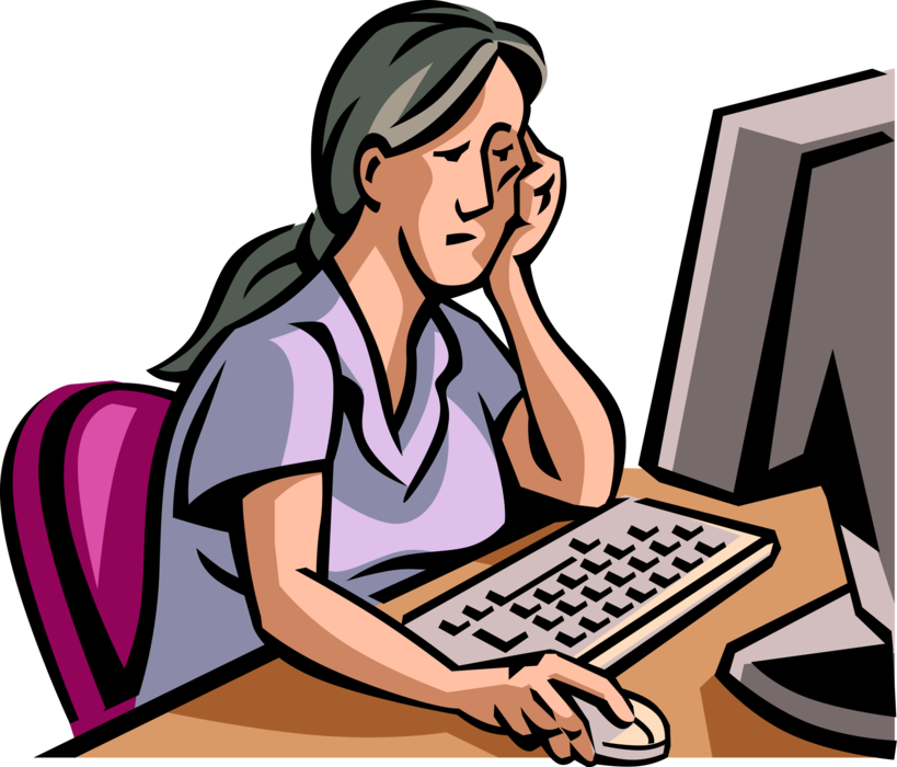 Vector Illustration of Depressed, Dissatisfied, Fed Up Businesswoman Bored While Working on Office Computer