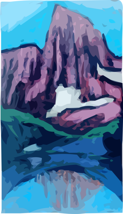 Vector Illustration of Scenic Mountain Peak with Lake and Country Meadow