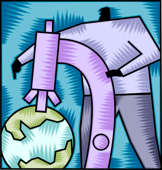 Vector Illustration of Businessman Researches Global Marketing Market Opportunities with Microscope and Planet Earth