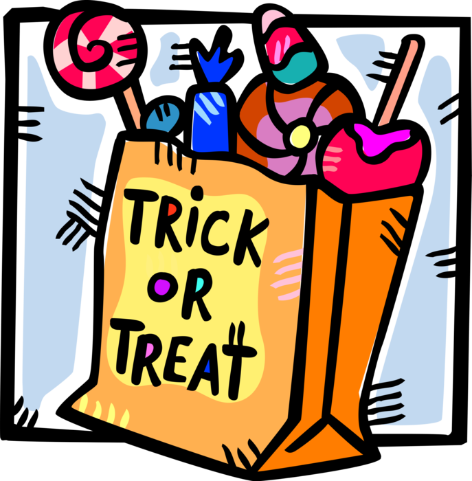 Vector Illustration of Trick or Treat Bag of Halloween Candy Suckers, Confectionery Candies