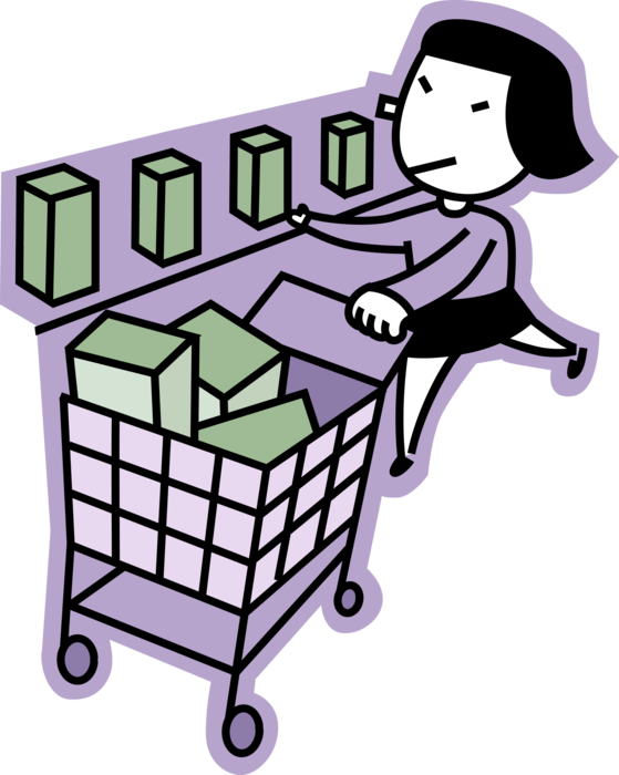 Vector Illustration of Supermarket Shopper Shops for Groceries with Grocery Store Shopping Cart