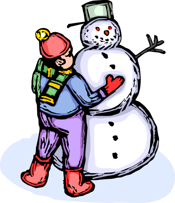 Vector Illustration of Child Builds Snowman Anthropomorphic Snow Sculpture with Carrot Nose