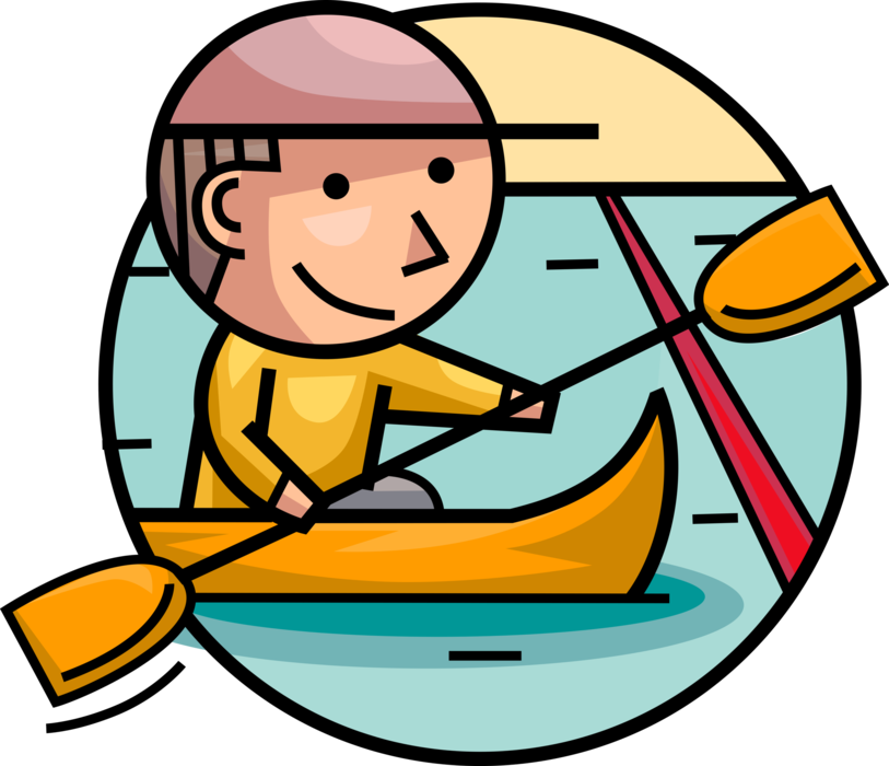 Vector Illustration of Kayaker in Kayak with Paddle Oar Crosses Finish Line During Kayaking Race
