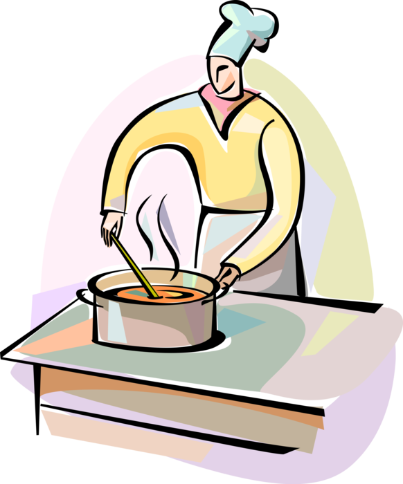 Vector Illustration of Culinary Cuisine Restaurant Chef Stirs Sauce in Kitchen with Spoon Ladle and Saucepan