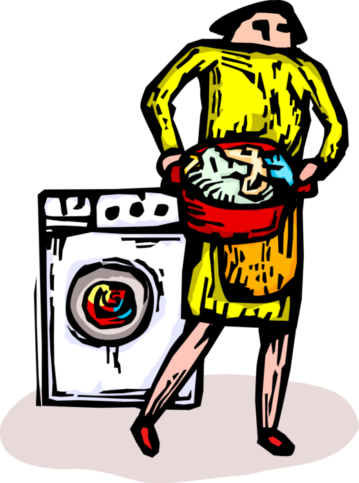 Vector Illustration of Woman with Load of Laundry and Washing Machine