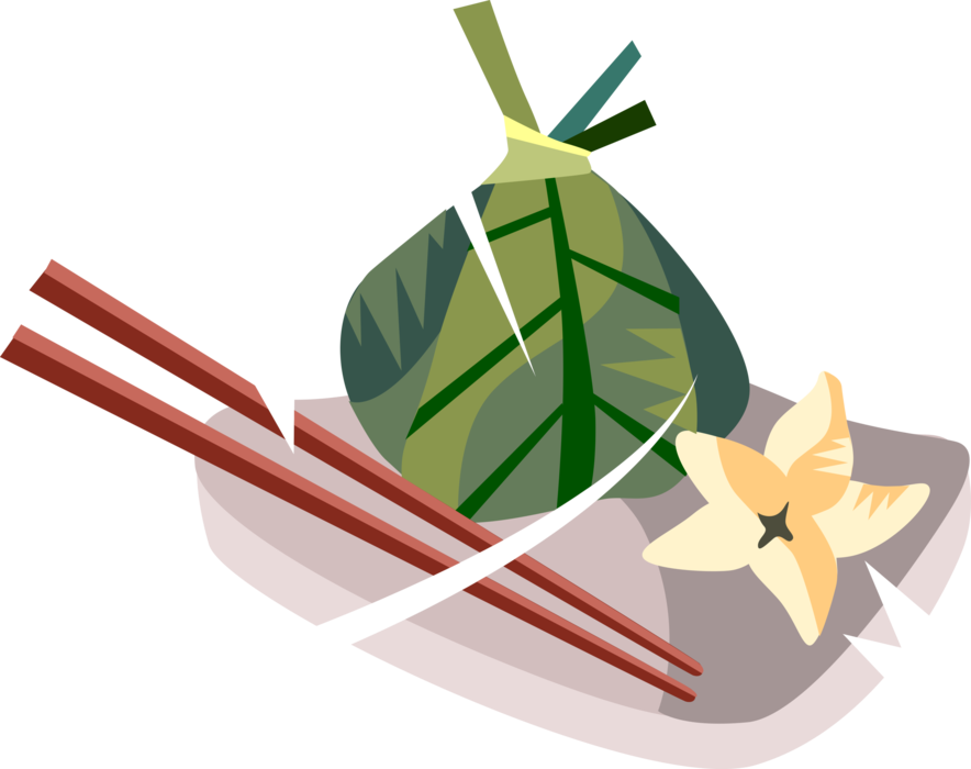 Vector Illustration of Traditional Chinese Asian Cuisine Food Chimaki Wrapped in Bamboo Leaf with Chopsticks