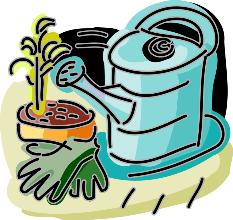 Vector Illustration of Garden Watering Can with Gardening Gloves and Potted Plant