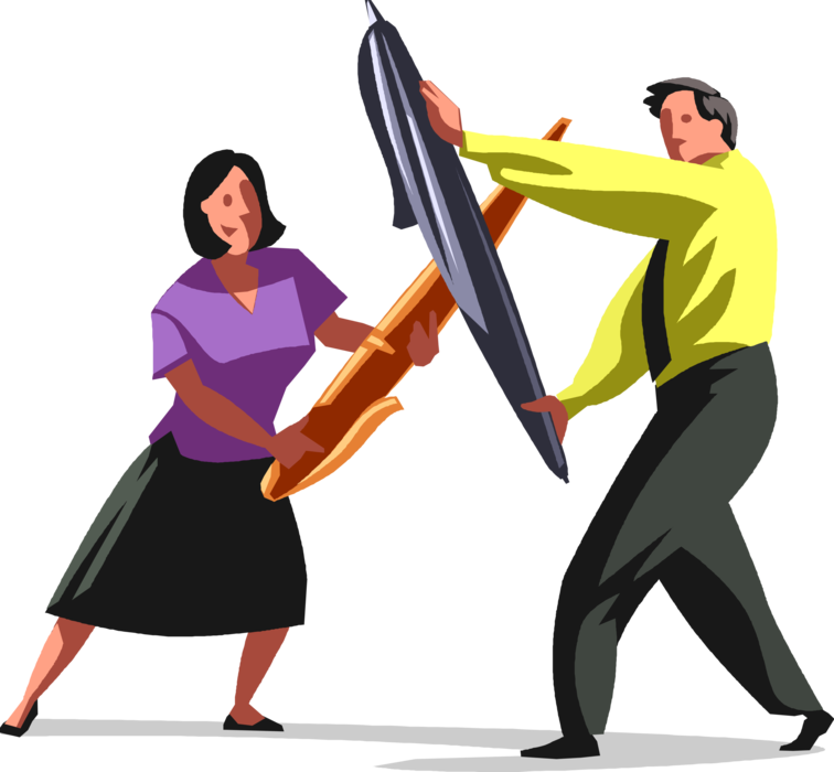 Vector Illustration of Businessman and Woman in Fencing Duel with Pen Writing Instruments
