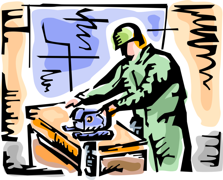 Vector Illustration of Carpenter Working in Workshop with Lumber Woodworking Tools