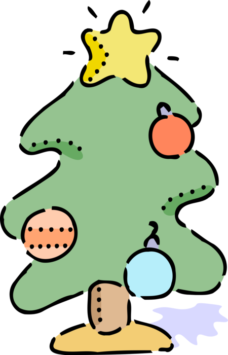 Vector Illustration of Decorated Evergreen Christmas Tree with Ornaments and Star