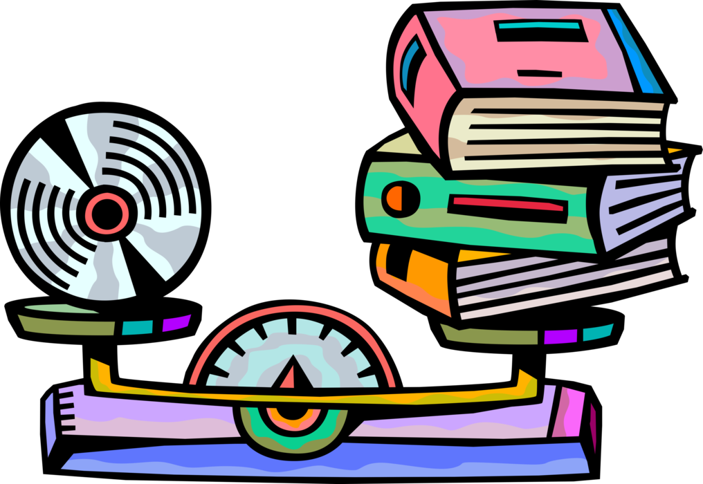 Vector Illustration of Efficient Digital CD and DVD Storage Media Compared to Stack of Book Documents