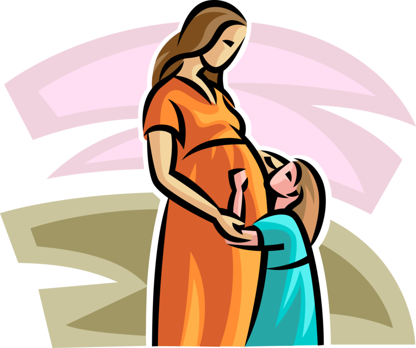 Vector Illustration of Pregnant Expectant Mother with Young Daughter Child