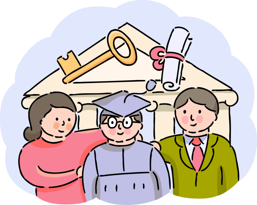 Vector Illustration of Graduate Student with Proud Parents at College or University Graduation with Key and Diploma Degree