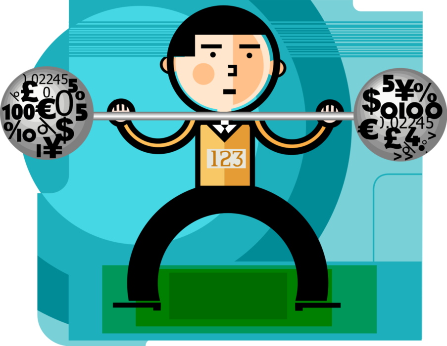 Vector Illustration of Businessman Strongman Bodybuilder Weightlifter Shows Off Strength in Financial Markets with Barbell Weights