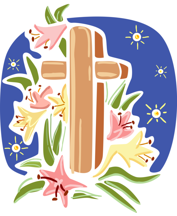 Vector Illustration of Christian Crucifix Cross Symbolic of Resurrection of Christ on Easter Sunday with Lily Flowers