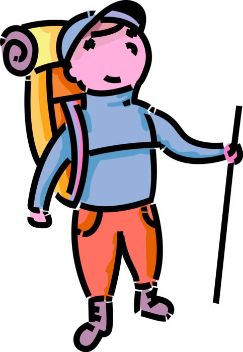 Vector Illustration of Primary or Elementary School Student Young Hiker Hiking Outdoors with Backpack Knapsack