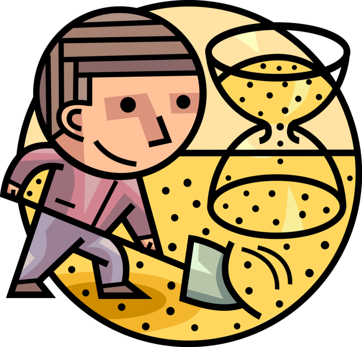 Vector Illustration of Man Buys Time and Shovels Sand Into Hourglass or Sandglass, Sand Timer, or Sand Clock