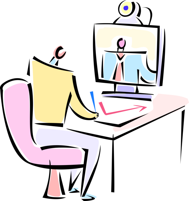 Vector Illustration of Business Colleagues Collaborate Using Videotelephony Audio-Video Communication