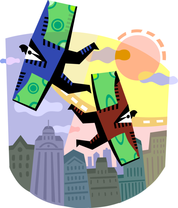 Vector Illustration of Icarus Businessmen Fly Too Close to Sun on Financial Wings of Cash Money Dollars