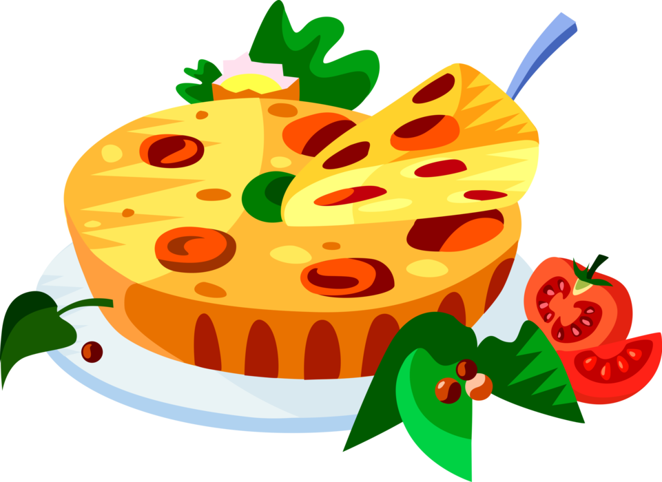 Vector Illustration of European French Cuisine Quiche Savoury Custard with Cheese, Meat, Herbs