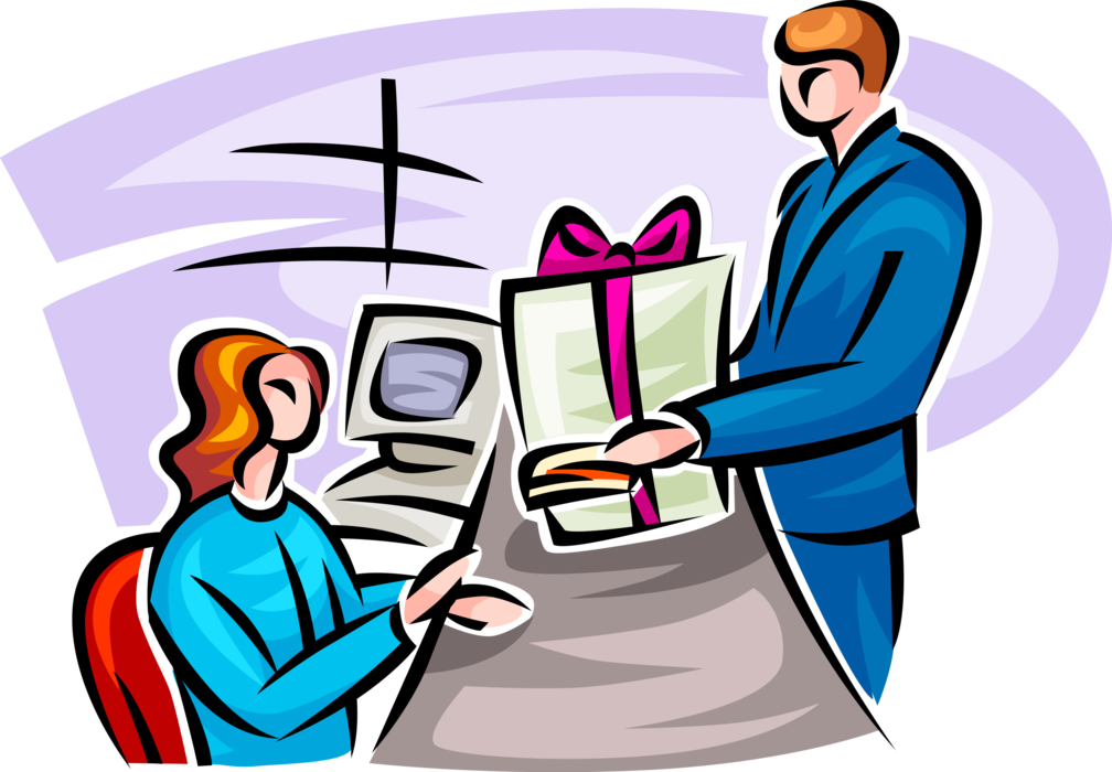 Vector Illustration of Customer Buys Gift Wrapped Present at Cashier in Retail Store