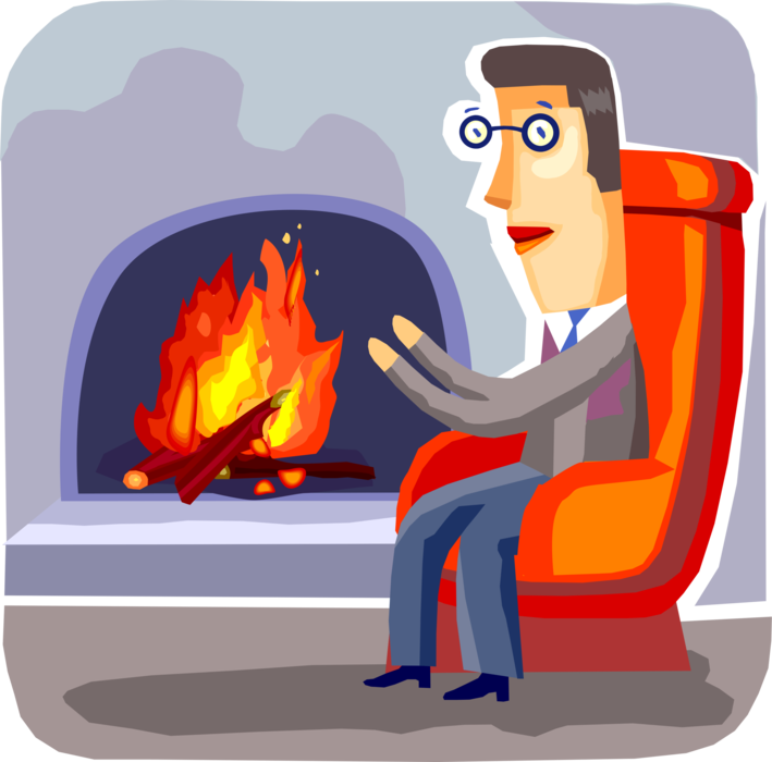 Vector Illustration of Businessman Warms Hands After Hectic Workday at Home with Fireplace Hearth with Burning Wood Fire