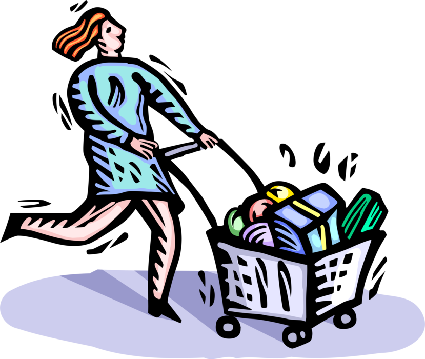 Vector Illustration of Retail Therapy Shopper Pushes Shopping Cart with Purchased Items