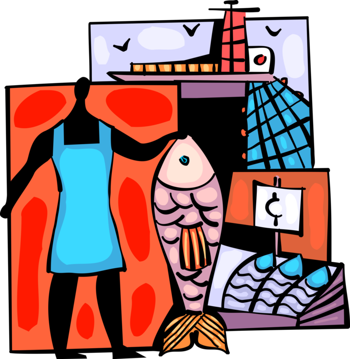 Vector Illustration of Commercial Fisherman Angler with Fresh Fish Catch at Seafood Market