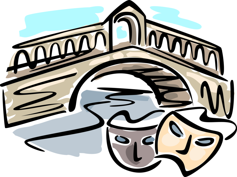 Vector Illustration of Rialto Bridge Spanning the Grand Canal, Venice, Italy, with Venetian Masquerade Ball Masks