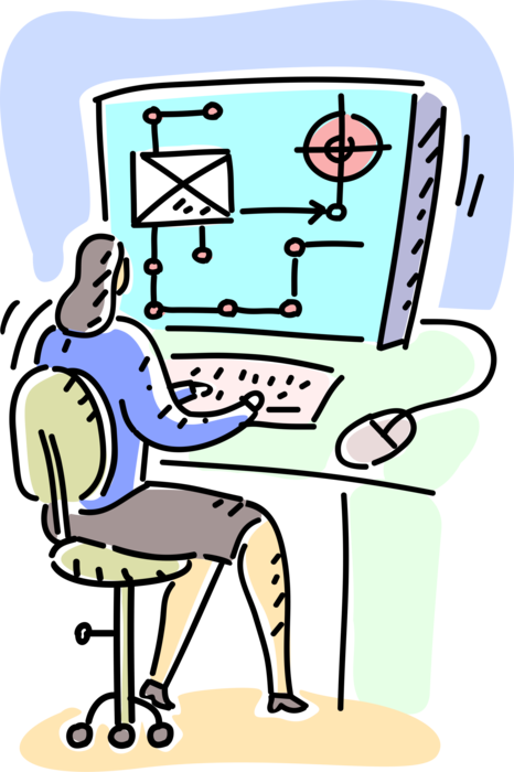 Vector Illustration of Businesswoman Designs Corporate Email Marketing Campaign Strategy on Computer