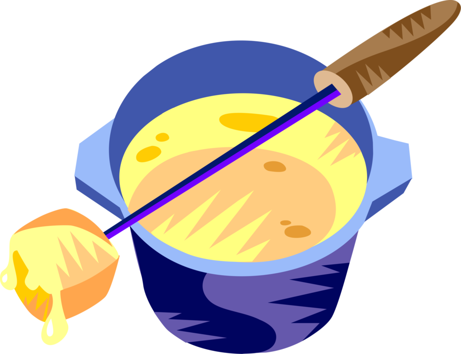 Vector Illustration of Fondue of Melted Cheese Served in Communal Fondue Pot or Caquelon