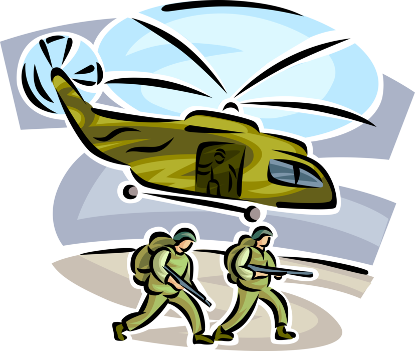 Vector Illustration of Heavily Armed United States Navy Seals Disembark from Helicopter at LZ Landing Zone