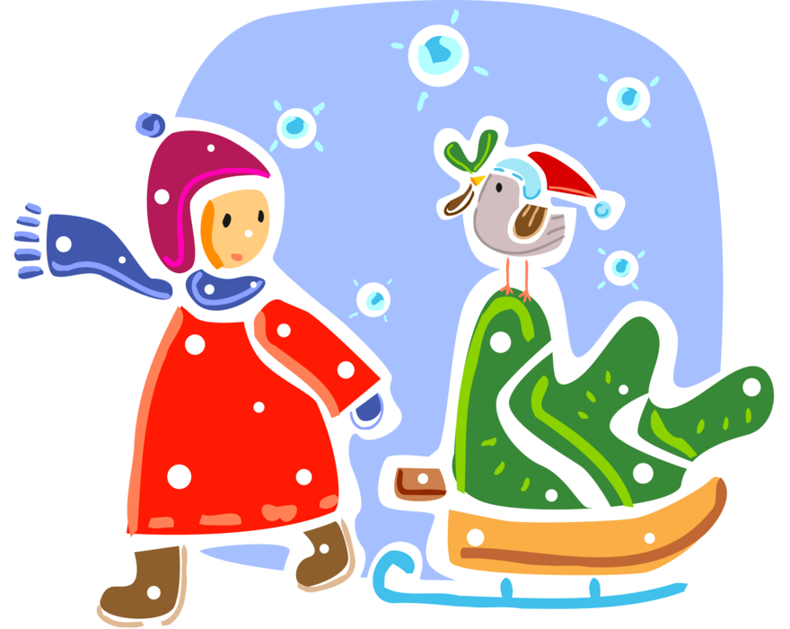 Vector Illustration of Evergreen Christmas Tree and Bird on Toboggan Sleigh Sled