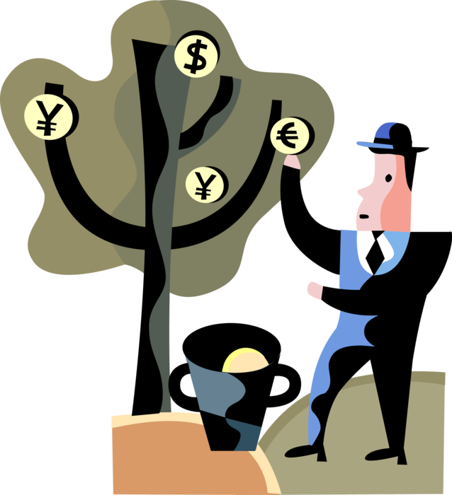 Vector Illustration of Businessman Harvests Financial Cash Money Euro, Dollars, and Yen Corporate Profits from Money Tree