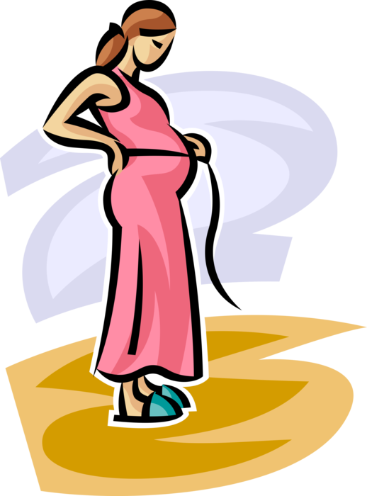 Vector Illustration of Pregnant Expectant Mother Measuring Belly with Tape Measure