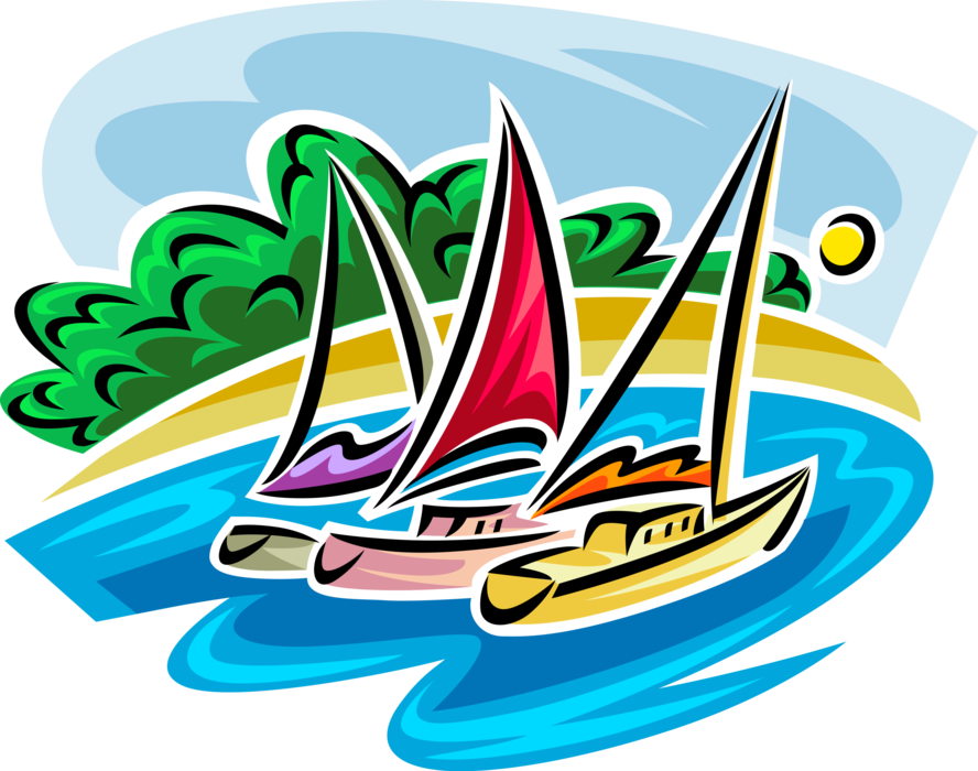 Vector Illustration of Sailboats with Sails Anchored in Water at Tropical Island Vacation Resort Sandy Beach