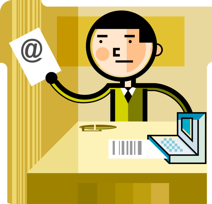 Vector Illustration of Businessman Sends @ Email Webmail Mail Correspondence with Computer in Office