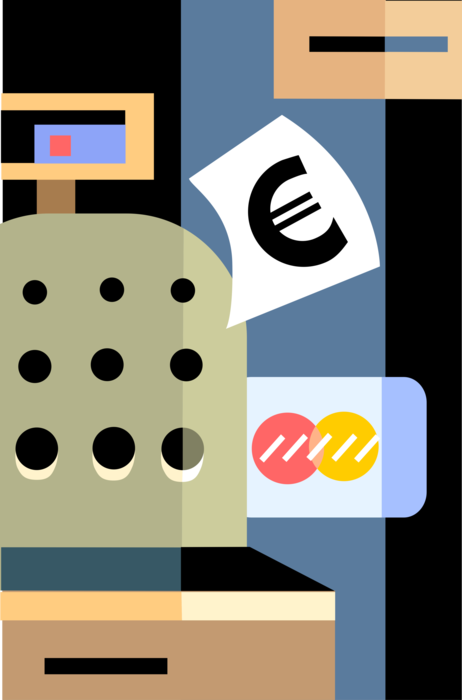 Vector Illustration of Cash Register for Registering and Calculating Retail Sales Transactions with Euro Sign and Credit Card