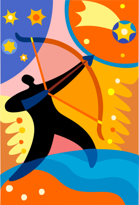 Vector Illustration of Archer Shoots Archery Bow and Arrow at Shooting Star in Sky