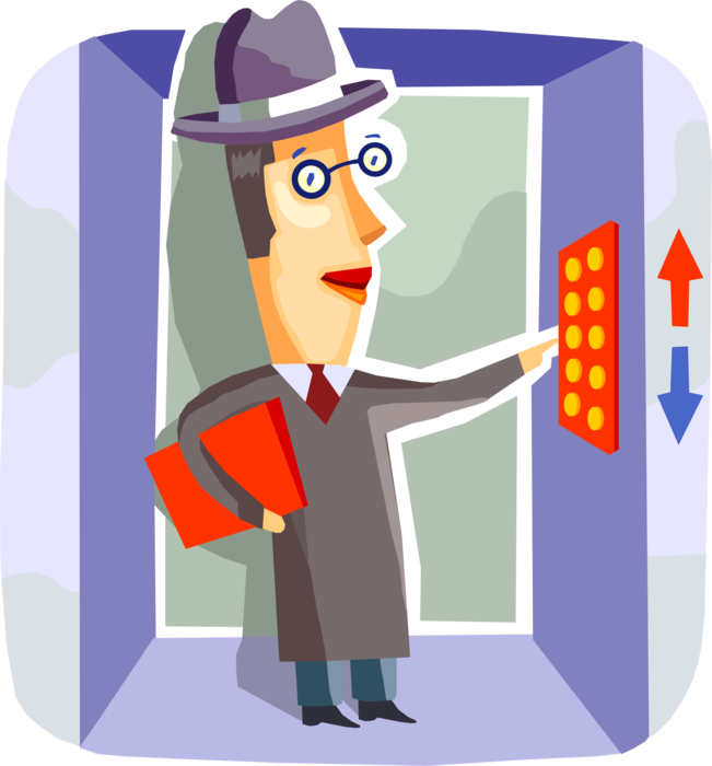 Vector Illustration of Businessman Rides Up and Down Elevator to Top 