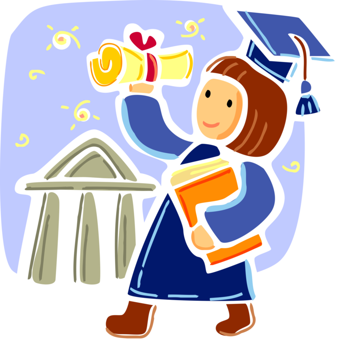 Vector Illustration of High School, College and University Graduate with Diploma, Mortarboard Cap and Schoolbooks 