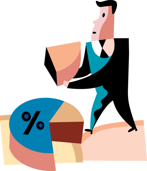 Vector Illustration of Businessman Contributes Share of Corporate Revenues with Pie Chart Slice Percentage of Financial Success
