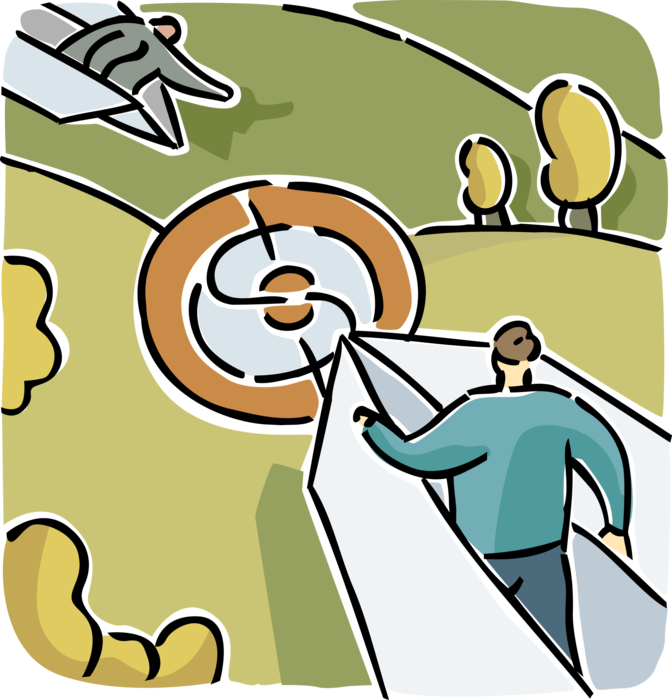Vector Illustration of Business Competitors in Paper Airplanes Approach Revenue Targets Bullseye or Bull's-Eye