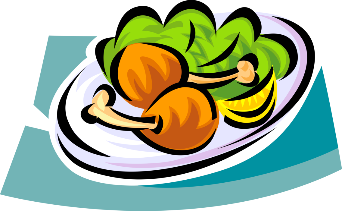 Vector Illustration of Roast Poultry Chicken Legs on Dinner Plate with Salad Greens and Lemon Wedge