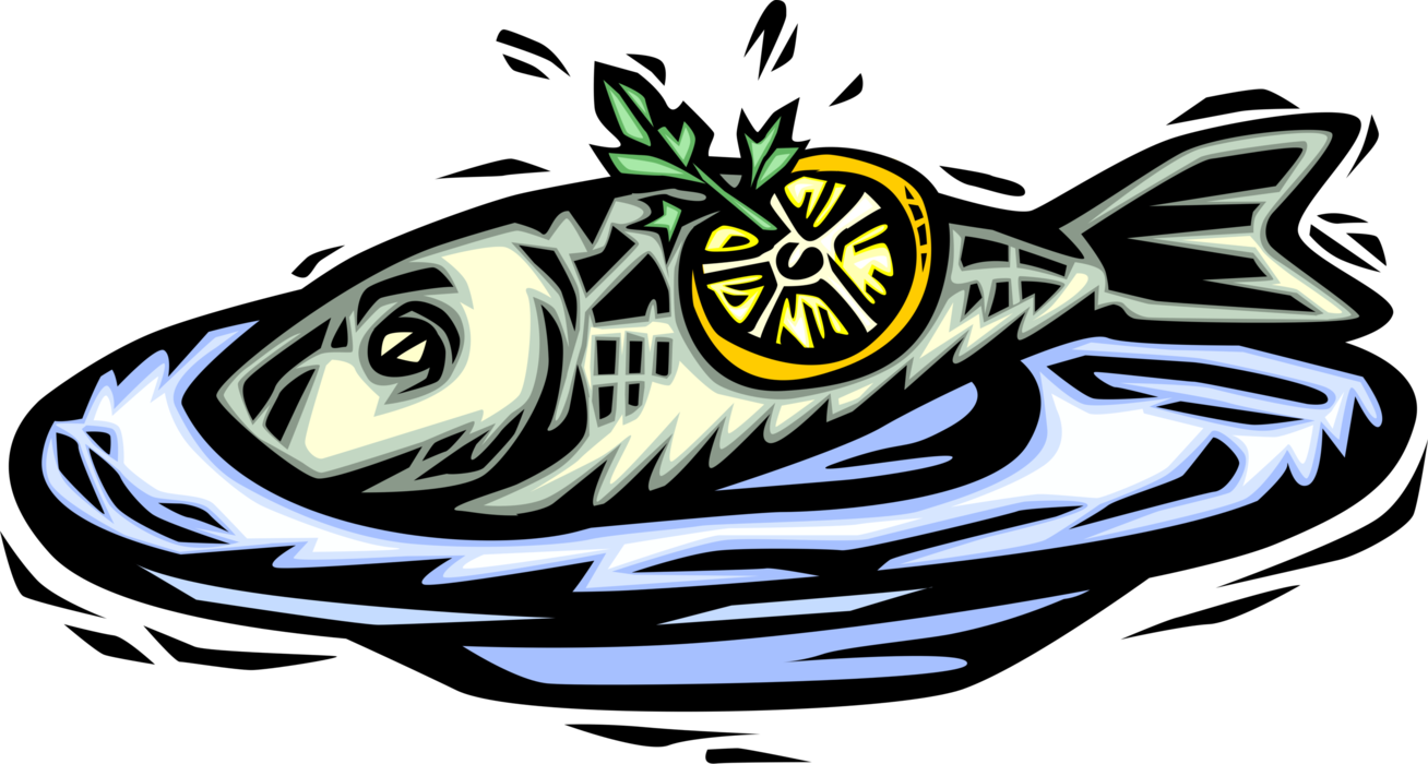 Vector Illustration of Baked Fish Seafood Dinner on Serving Plate with Lemon