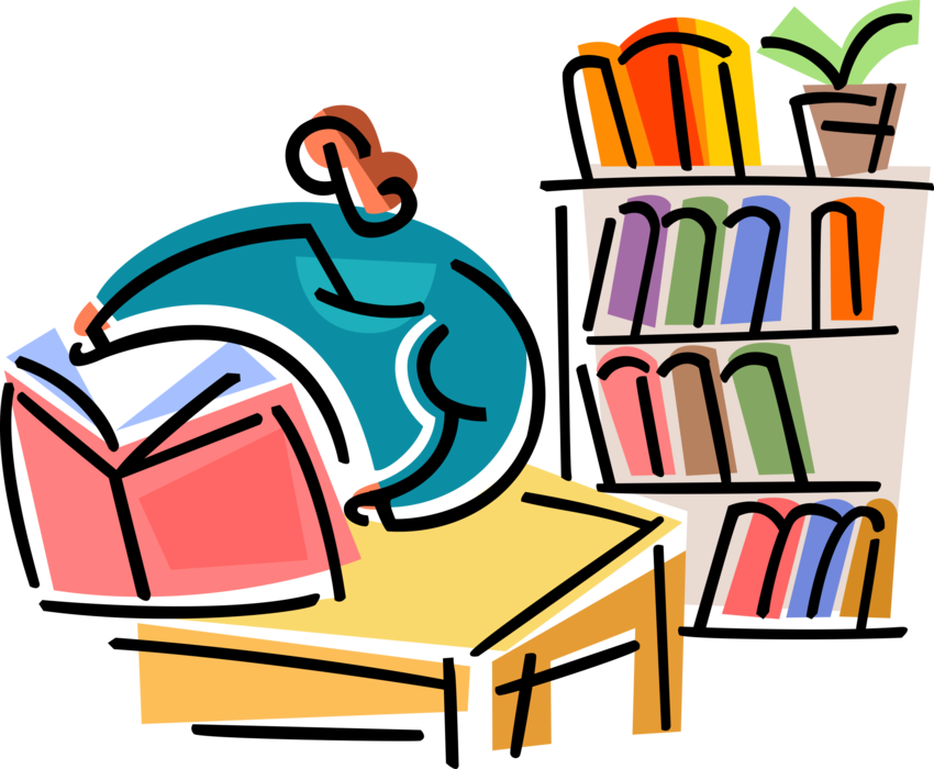 Vector Illustration of Reading Reference Book in Lending Library with Books on Shelves