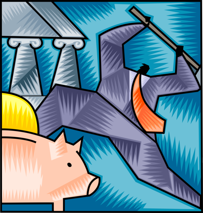 Vector Illustration of Businessman with Sledgehammer to Smash Savings Piggy Bank with Financial Banking Symbol