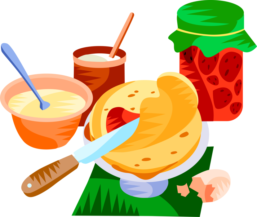 Vector Illustration of European French Cuisine Crêpes or Crepe Thin Pancake Served with Variety of Fillings