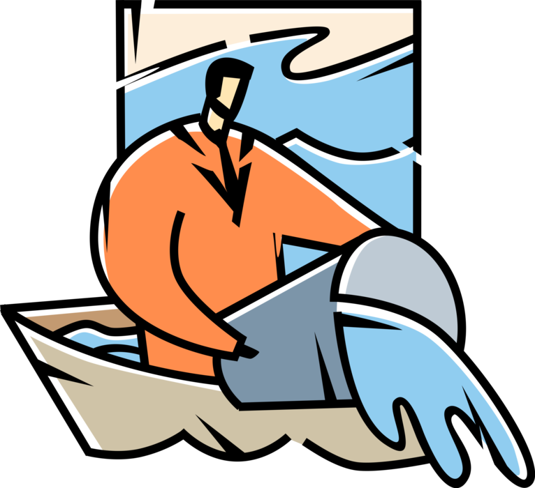 Vector Illustration of Businessman in Sinking Boat Bales Water with Pail to Avoid Catastrophe